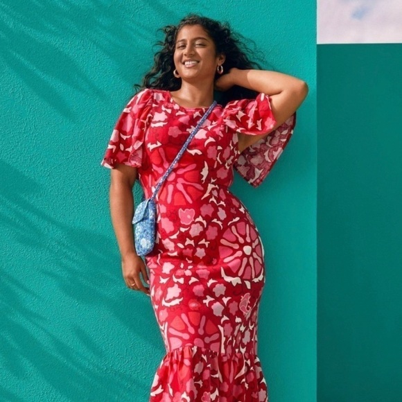 NWT RHODE x Target Zinnia Floral Print Bell Sleeve Midi Dress in Red/Pink - Picture 1 of 15